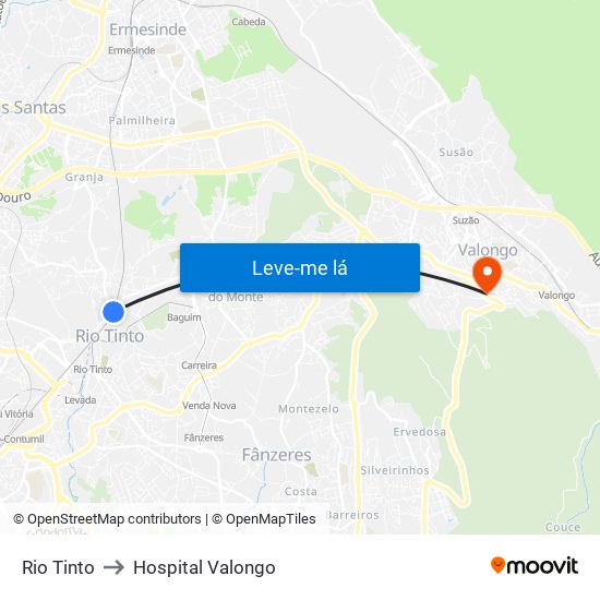 Rio Tinto to Hospital Valongo map