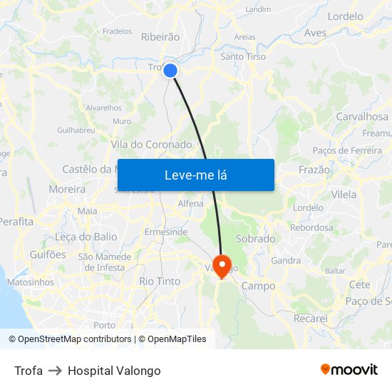 Trofa to Hospital Valongo map