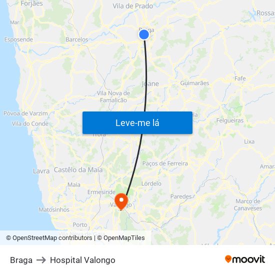 Braga to Hospital Valongo map