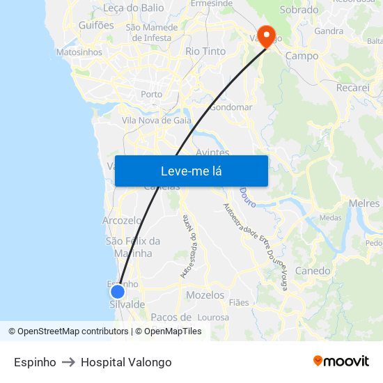 Espinho to Hospital Valongo map