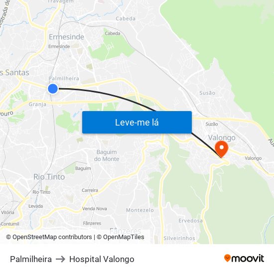Palmilheira to Hospital Valongo map
