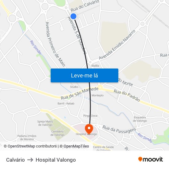 Calvário to Hospital Valongo map