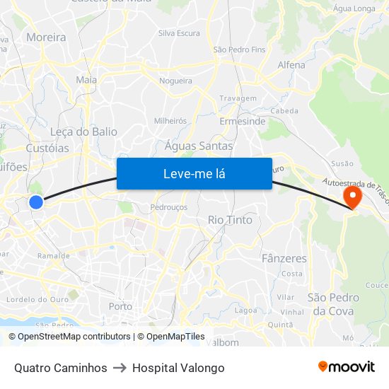 Quatro Caminhos to Hospital Valongo map