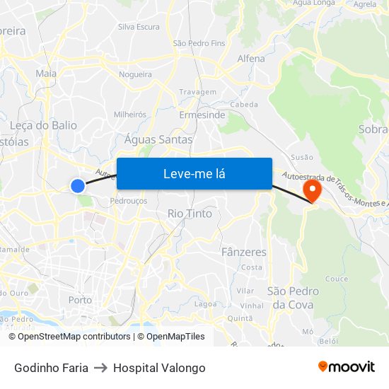 Godinho Faria to Hospital Valongo map