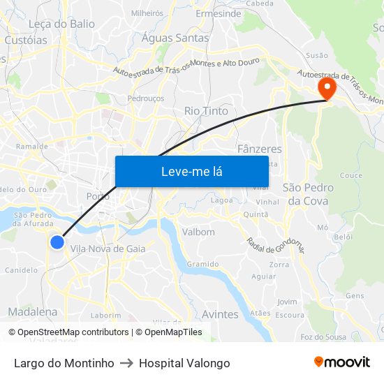 Largo do Montinho to Hospital Valongo map