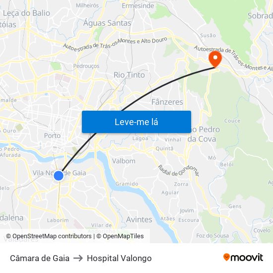 Câmara de Gaia to Hospital Valongo map
