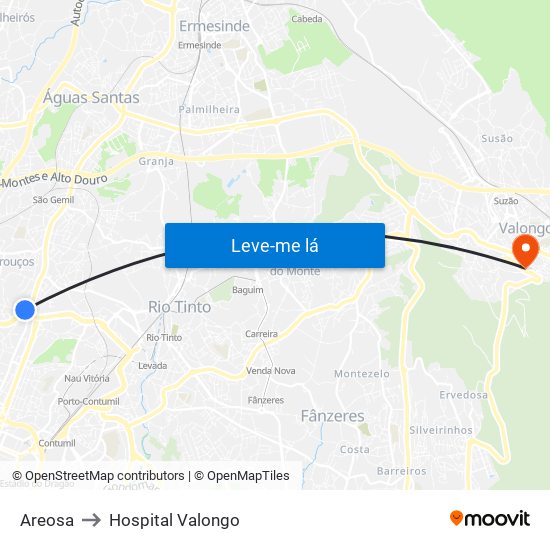 Areosa to Hospital Valongo map