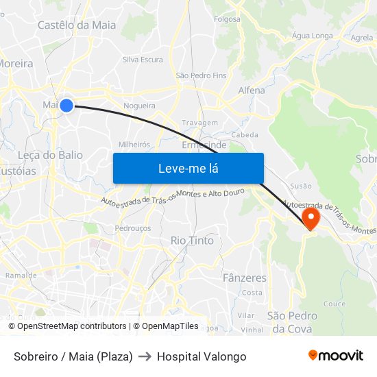 Sobreiro / Maia (Plaza) to Hospital Valongo map
