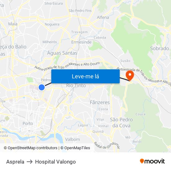 Asprela to Hospital Valongo map