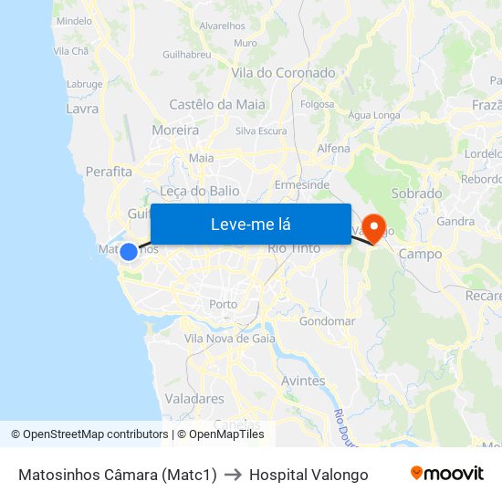 Matosinhos Câmara (Matc1) to Hospital Valongo map