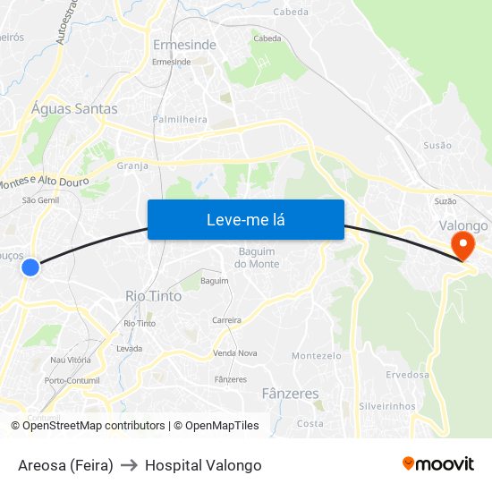 Areosa (Feira) to Hospital Valongo map