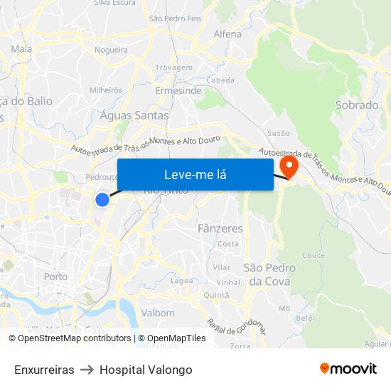 Enxurreiras to Hospital Valongo map