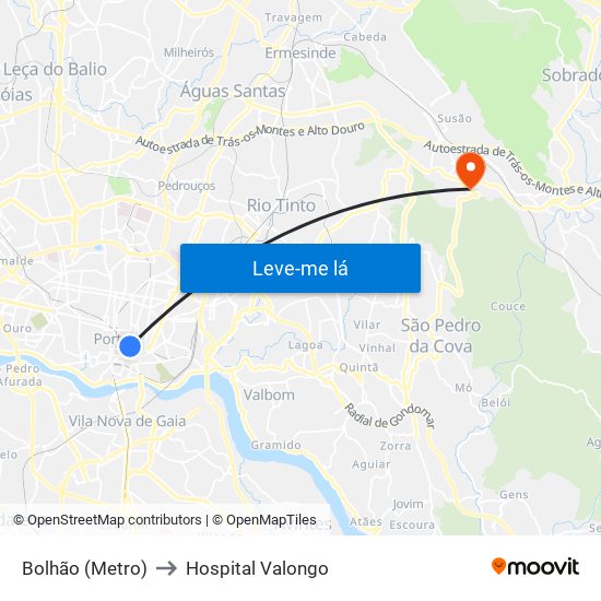 Bolhão (Metro) to Hospital Valongo map