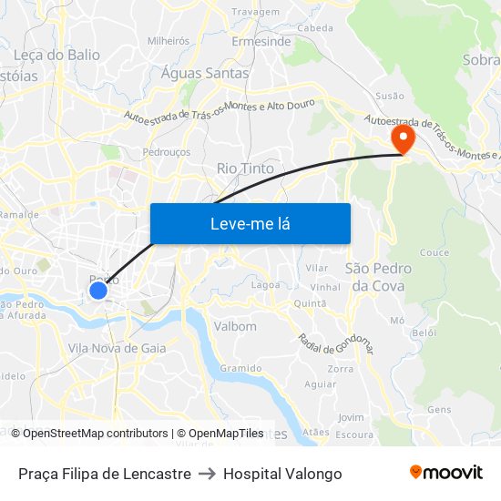 Praça Filipa de Lencastre to Hospital Valongo map