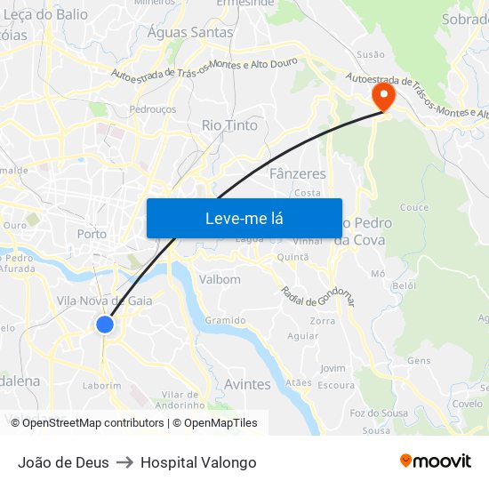 João de Deus to Hospital Valongo map