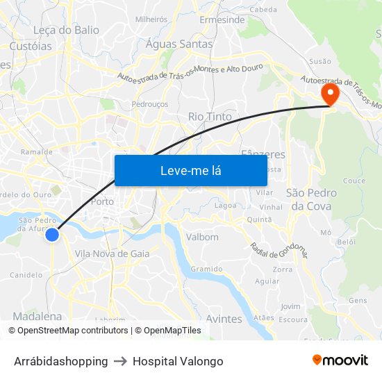 Arrábidashopping to Hospital Valongo map