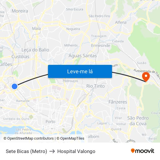Sete Bicas (Metro) to Hospital Valongo map