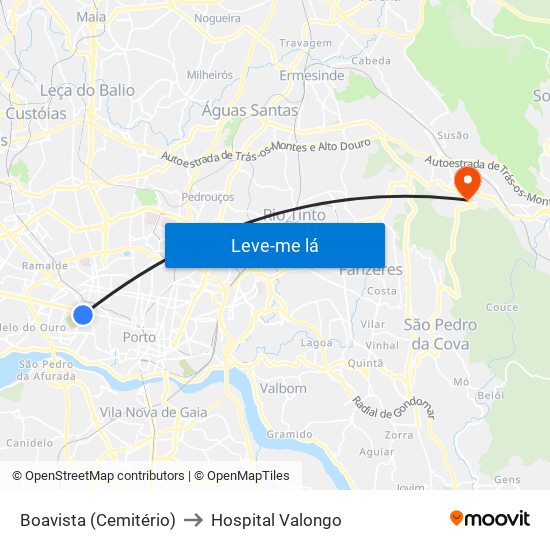 Boavista (Cemitério) to Hospital Valongo map