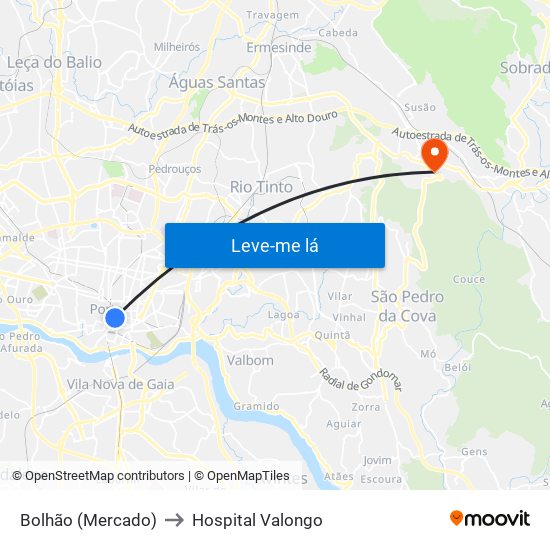 Bolhão (Mercado) to Hospital Valongo map
