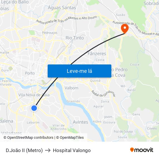 D.João II (Metro) to Hospital Valongo map