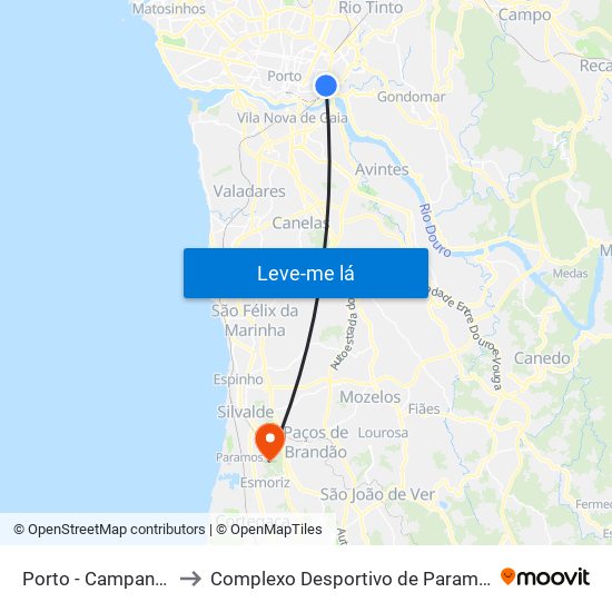 Porto - Campanhã to Complexo Desportivo de Paramos map