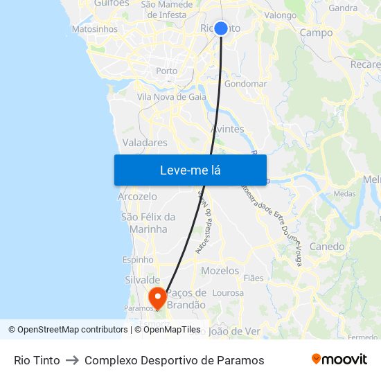 Rio Tinto to Complexo Desportivo de Paramos map
