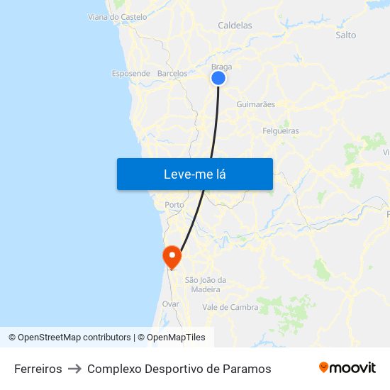 Ferreiros to Complexo Desportivo de Paramos map