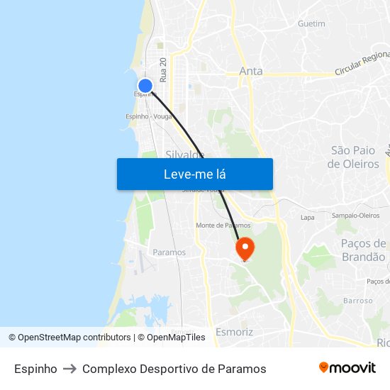 Espinho to Complexo Desportivo de Paramos map