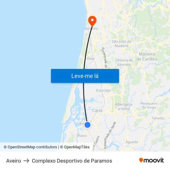 Aveiro to Complexo Desportivo de Paramos map