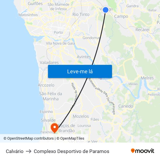 Calvário to Complexo Desportivo de Paramos map