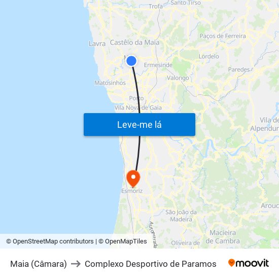 Maia (Câmara) to Complexo Desportivo de Paramos map