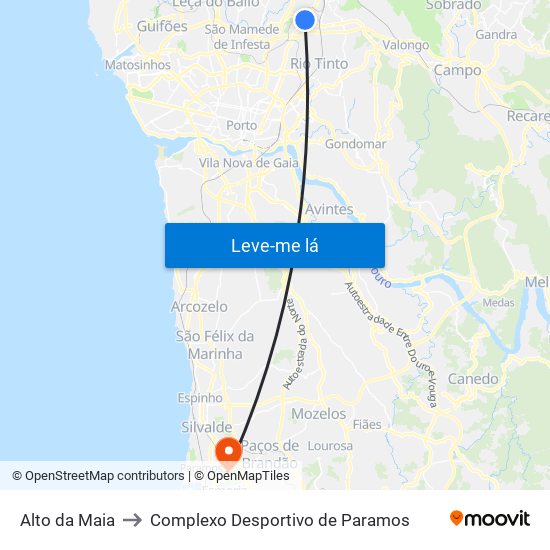 Alto da Maia to Complexo Desportivo de Paramos map