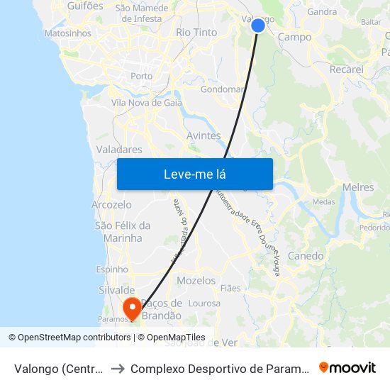 Valongo (Centro) to Complexo Desportivo de Paramos map