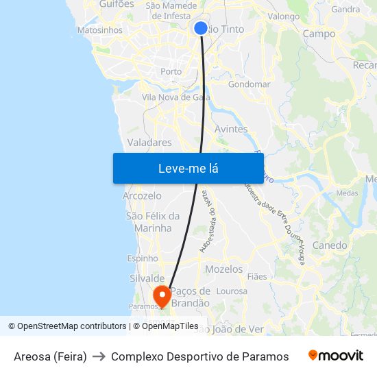 Areosa (Feira) to Complexo Desportivo de Paramos map