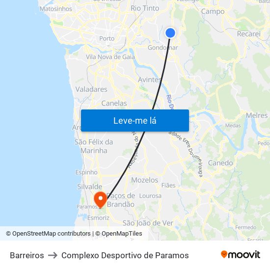 Barreiros to Complexo Desportivo de Paramos map