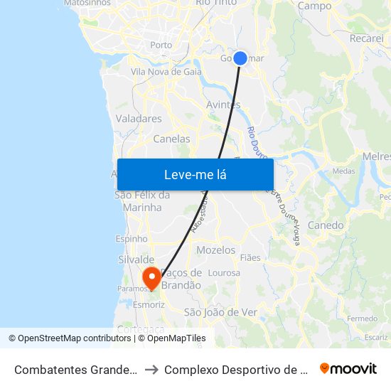 Combatentes Grande Guerra to Complexo Desportivo de Paramos map