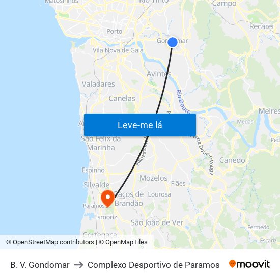 B. V. Gondomar to Complexo Desportivo de Paramos map