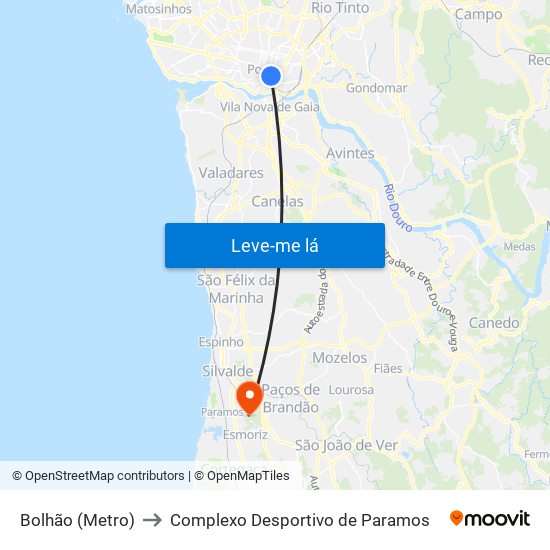 Bolhão (Metro) to Complexo Desportivo de Paramos map