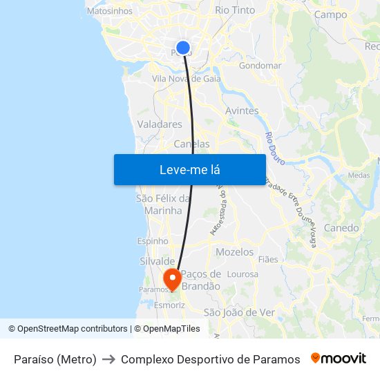 Paraíso (Metro) to Complexo Desportivo de Paramos map