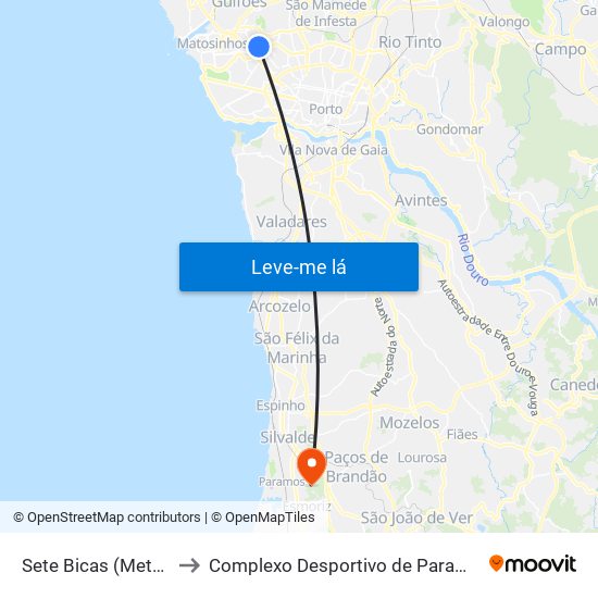 Sete Bicas (Metro) to Complexo Desportivo de Paramos map