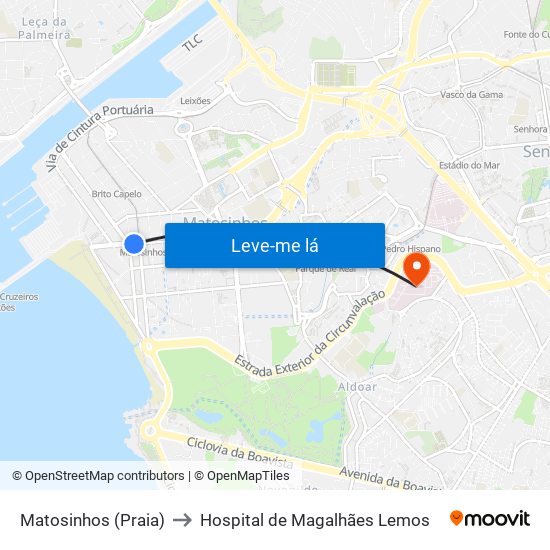 Matosinhos (Praia) to Hospital de Magalhães Lemos map