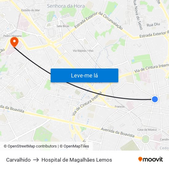 Carvalhido to Hospital de Magalhães Lemos map