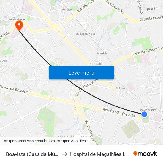Boavista (Casa da Música) to Hospital de Magalhães Lemos map