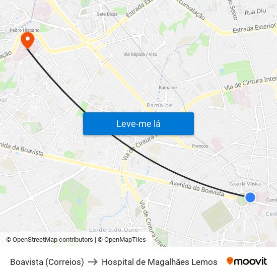 Boavista (Correios) to Hospital de Magalhães Lemos map
