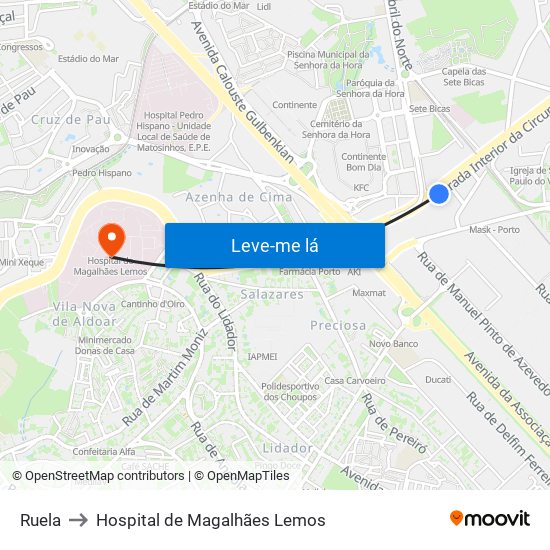 Ruela to Hospital de Magalhães Lemos map