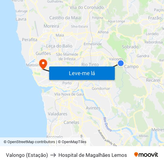 Valongo (Estação) to Hospital de Magalhães Lemos map