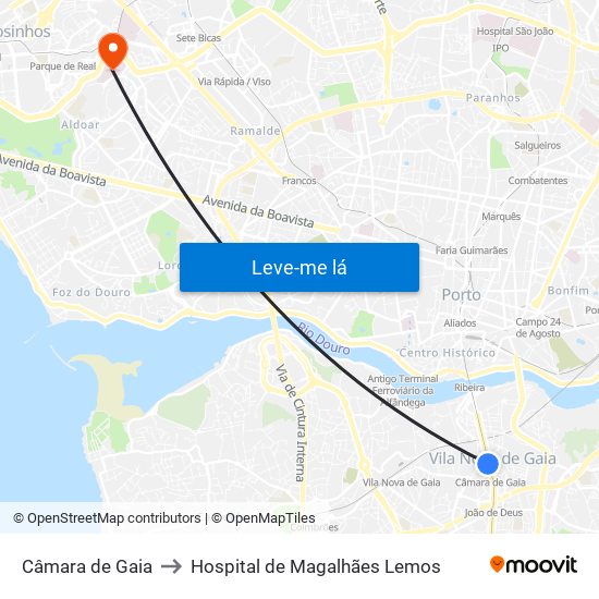 Câmara de Gaia to Hospital de Magalhães Lemos map