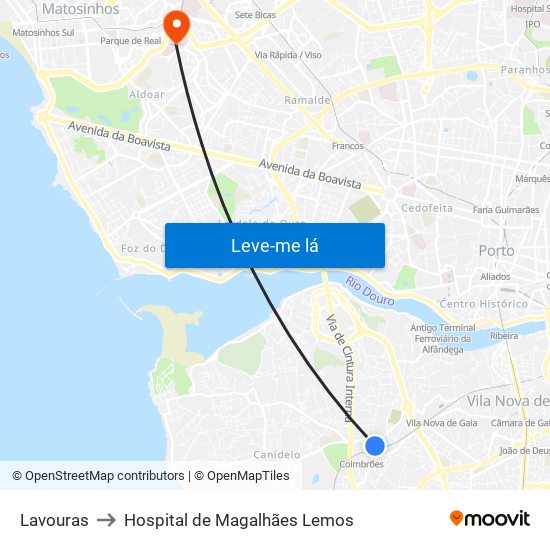 Lavouras to Hospital de Magalhães Lemos map