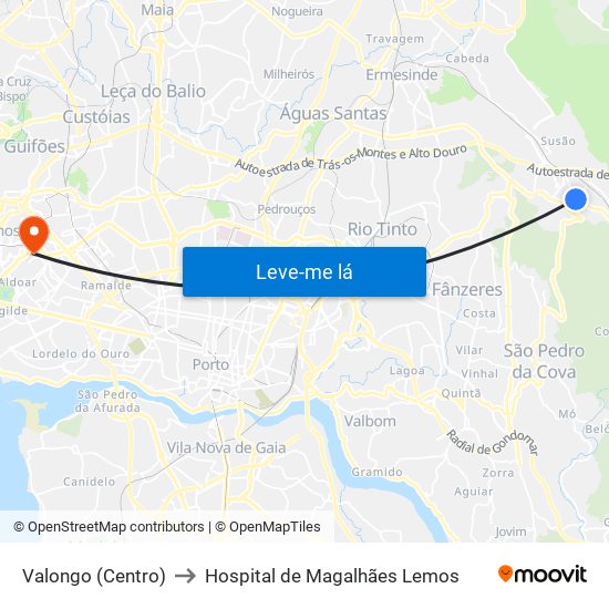 Valongo (Centro) to Hospital de Magalhães Lemos map