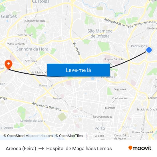 Areosa (Feira) to Hospital de Magalhães Lemos map